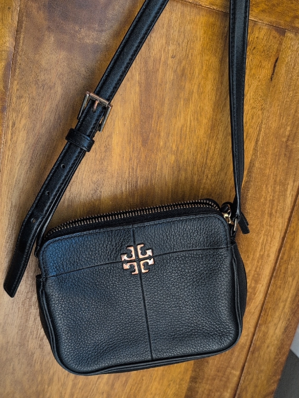 Tory Burch Black Pebbled Leather Crossbody with Gold Logo